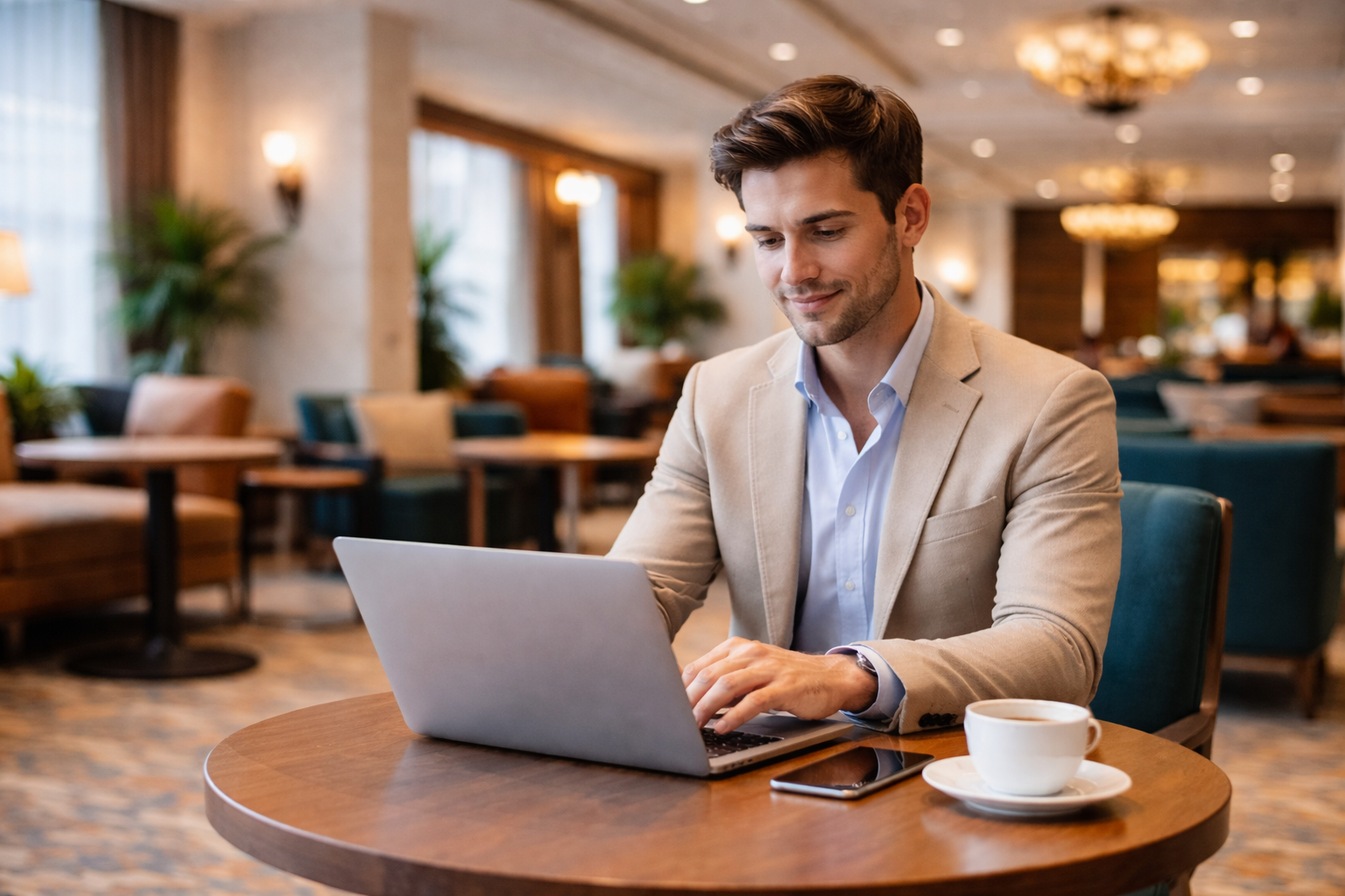 A clean, professional shot of someone working on a laptop in a hospitality setting. Think hotel lobby, venue, or café background, slightly blurred. The person should look calm and in control, not stressed.