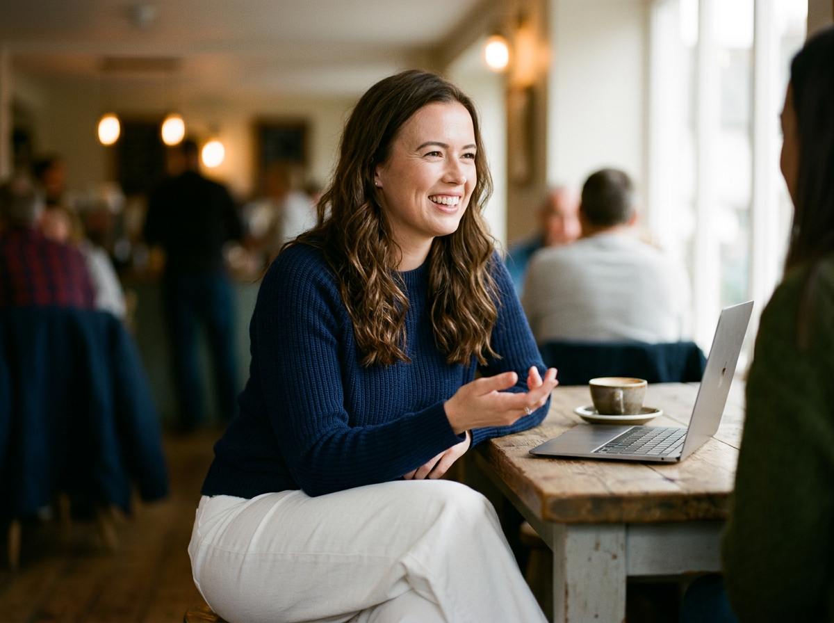 Image of a woman in a hospitality setting having a business meeting