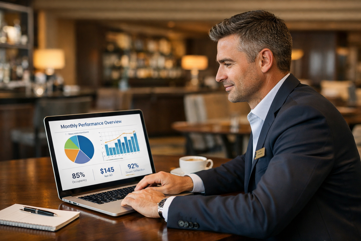A hotel general manager looking at a well designed presentation deck on a laptop created by Gamma