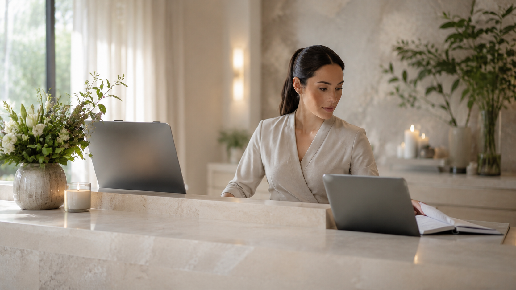 Lifestyle editorial photograph of a boutique hotel spa reception desk. Light, airy, and serene environment with natural daylight, soft neutral tones, stone or marble surfaces, a small arrangement of fresh botanicals or a candle. A well-dressed female spa receptionist is looking between two separate screens or between a screen and a paper appointment book, with a focused, slightly distracted expression. 
