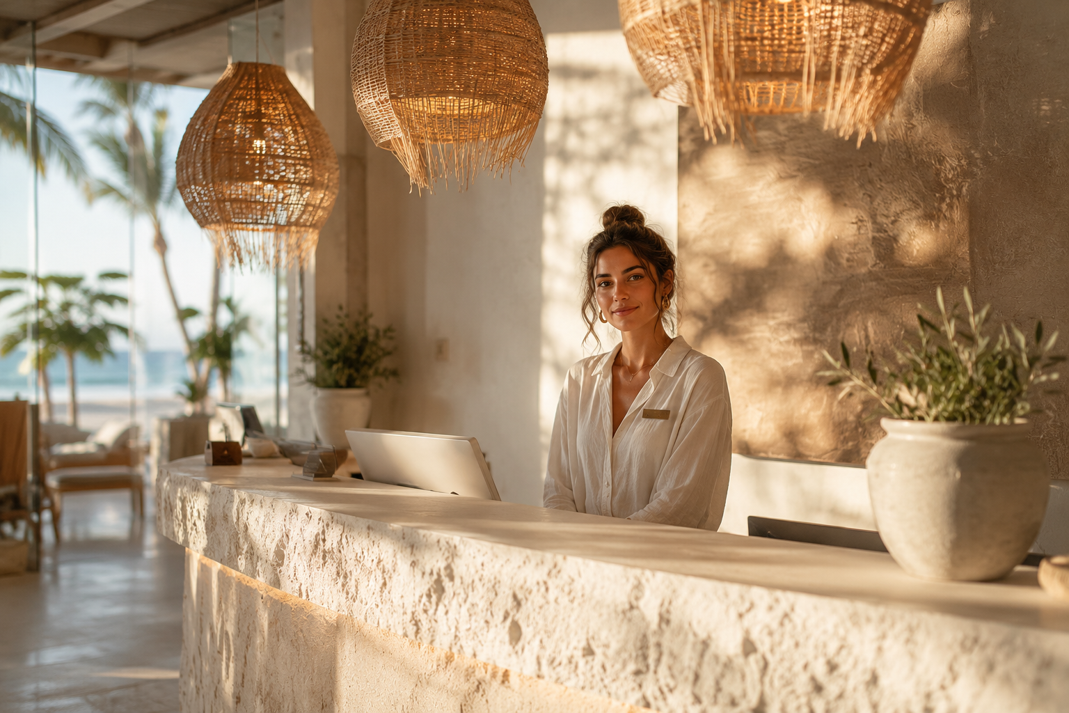 A stylish hotel receptionist stands behind a curved natural stone reception desk in a bright, luxury beach resort lobby. Warm sunlight streams through large windows, illuminating woven pendant lights, tropical plants, and textured neutral interiors. Palm trees and glimpses of the ocean can be seen outside, creating a relaxed, upscale holiday atmosphere. The receptionist is dressed in elegant resort-inspired attire, smiling confidently in a scene that blends contemporary hospitality with coastal lifestyle design.
