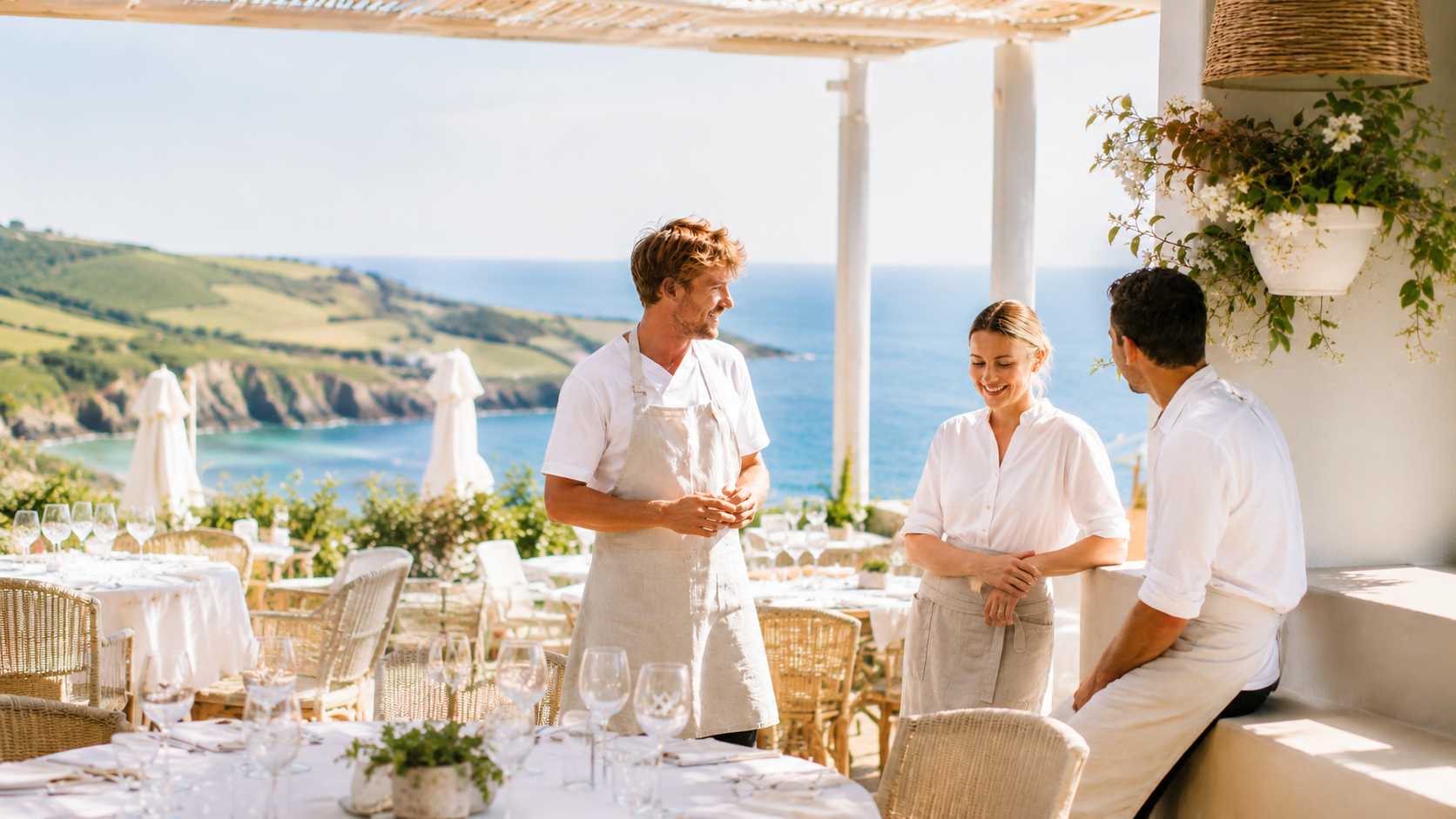 Editorial style photograph, bright natural daylight, a boutique hotel terrace or outdoor dining space on the Cornwall or Devon coast. Two or three hospitality professionals in relaxed conversation, standing or seated, genuine smiles, not looking at camera. Pale colour palette: white linen, bleached wood, soft sea blue in the background, warm cream tones. The atmosphere is confident, fresh, breezy. Shot on 35mm, airy and light. No screens, no phones, no text, no graphics. Not staged. Think Nikki Beach meets 5-star Cornish coastal hotel. No dark shadows, no corporate setting, no grey offices.