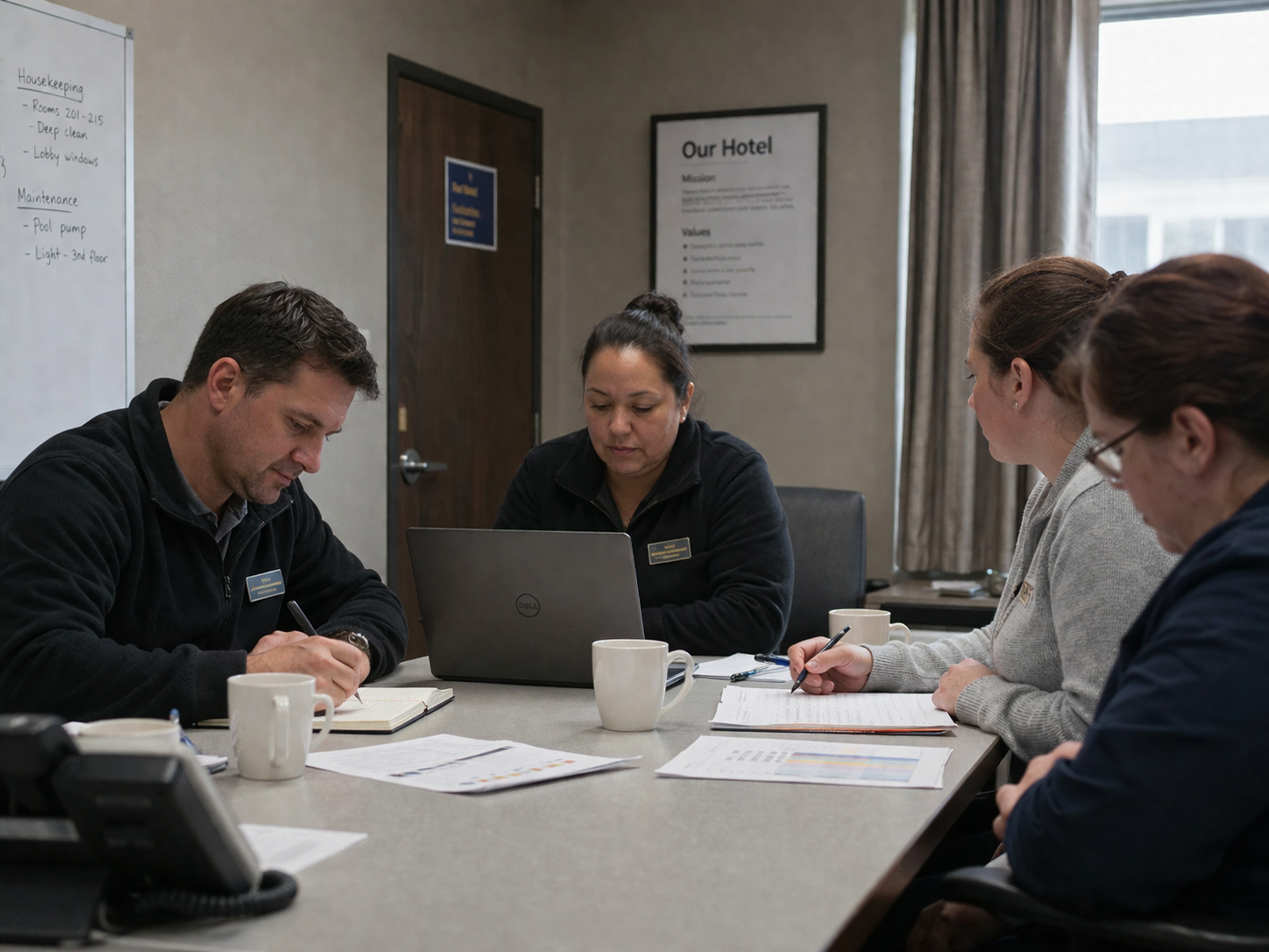 A meeting be held in a hotel with employees writing notes and another typing notes on a laptp