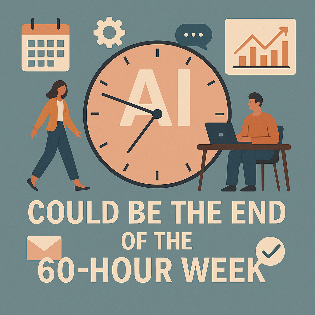Illustration of AI ending the 60-hour work week, showing a large clock marked “AI,” a woman walking away from work, and a man at a laptop surrounded by icons for emails, calendars, and data charts.
